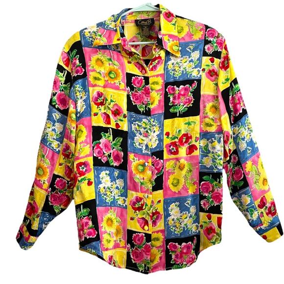 Corey B 80s Silk Floral Patchwork Button Front Long Sleeve Blouse size 8 - Picture 1 of 10